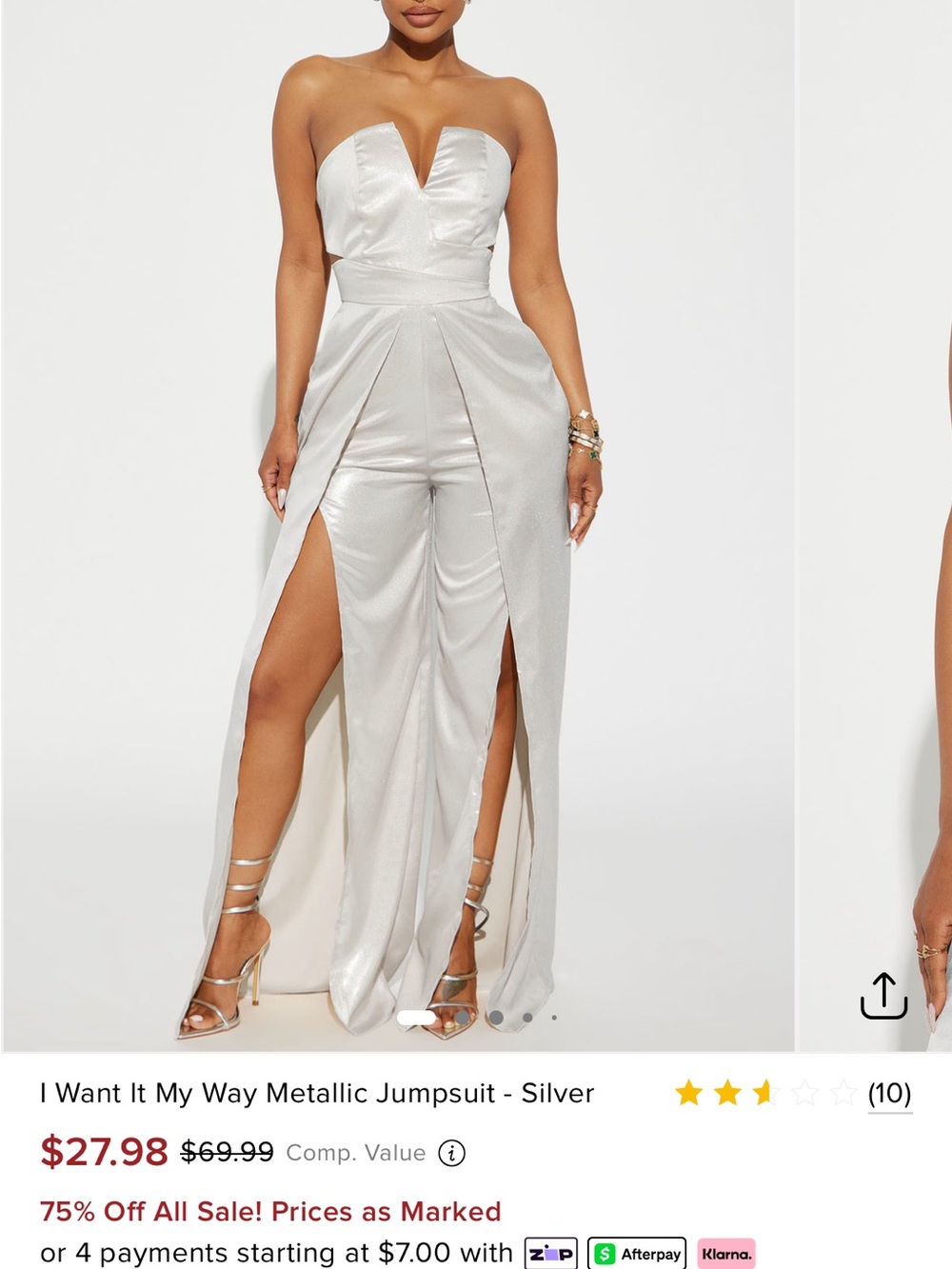 Fashion Nova Silver Metallic Strapless Draped Jumpsuit
